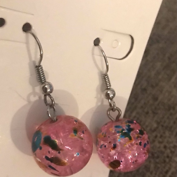 Paint Splatter Dome Ball Bubble Bauble Pink Sparkle Bead Dangle Earring Art Deco - Picture 7 of 8